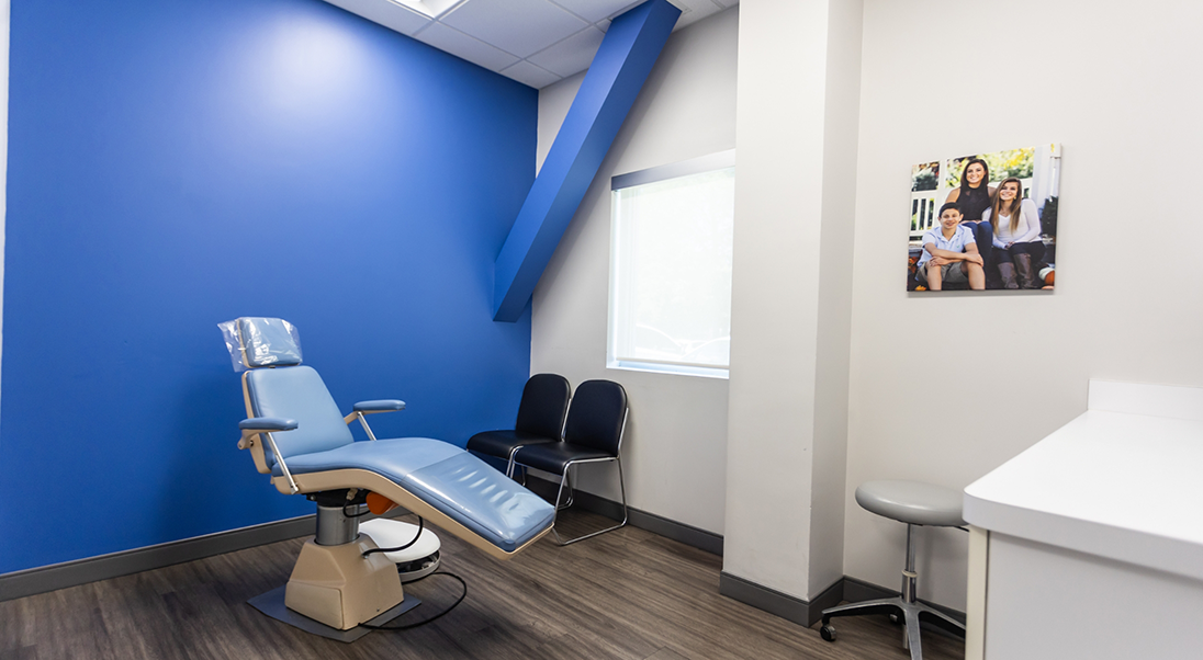 Blue orthodontic exam chair