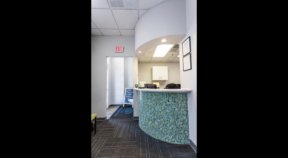 Side view of the front desk